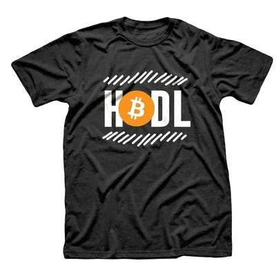 Black t-shirt with HODL in white block letters and an orange Bitcoin coin as the O