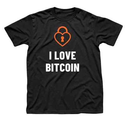 Black t-shirt with an orange heart-shaped padlock above I Love Bitcoin in white letters