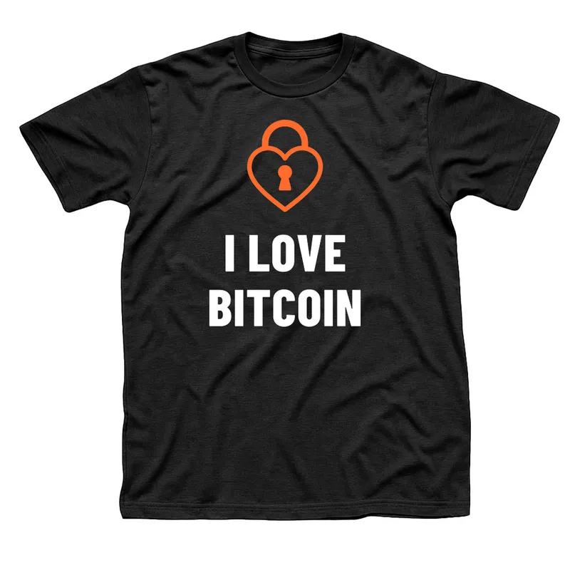 Black t-shirt with an orange heart-shaped padlock above I Love Bitcoin in white letters