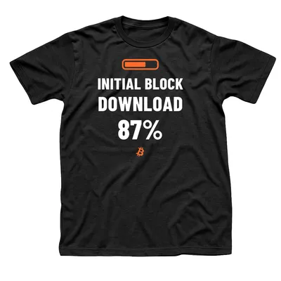 Black t-shirt with an orange progress bar above Initial Block Download 87% in white, with a small orange Bitcoin symbol below