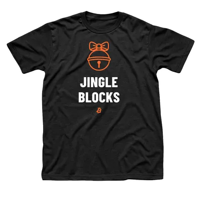 Black t-shirt with an orange sleigh bell and bow above Jingle Blocks in white and a small orange Bitcoin symbol