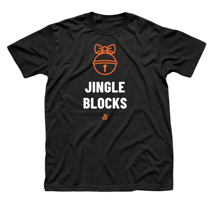 Black t-shirt with an orange sleigh bell and bow above Jingle Blocks in white and a small orange Bitcoin symbol
