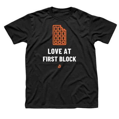 Black t-shirt with an orange chocolate bar with a bite taken above Love at First Block in white, with a small orange Bitcoin symbol below