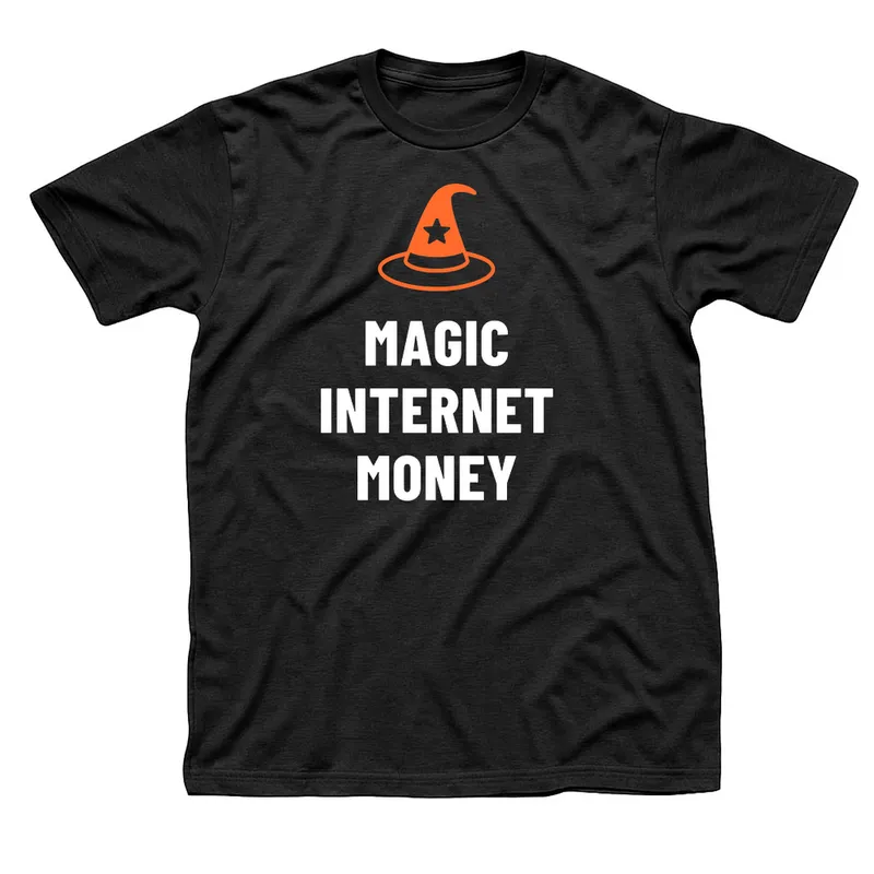 Black t-shirt with an orange wizard hat above Magic Internet Money in three lines of white letters