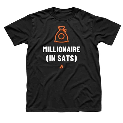 Black t-shirt with an orange drawstring money sack above Millionaire (in Sats) in white, with a small orange Bitcoin symbol below