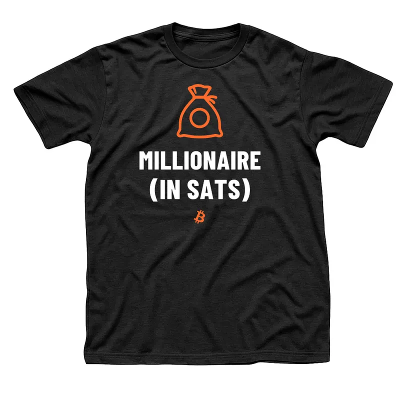 Black t-shirt with an orange drawstring money sack above Millionaire (in Sats) in white, with a small orange Bitcoin symbol below