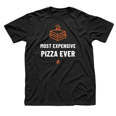 Black t-shirt with two stacked orange pizza boxes and steam above Most Expensive Pizza Ever in white and a Bitcoin symbol