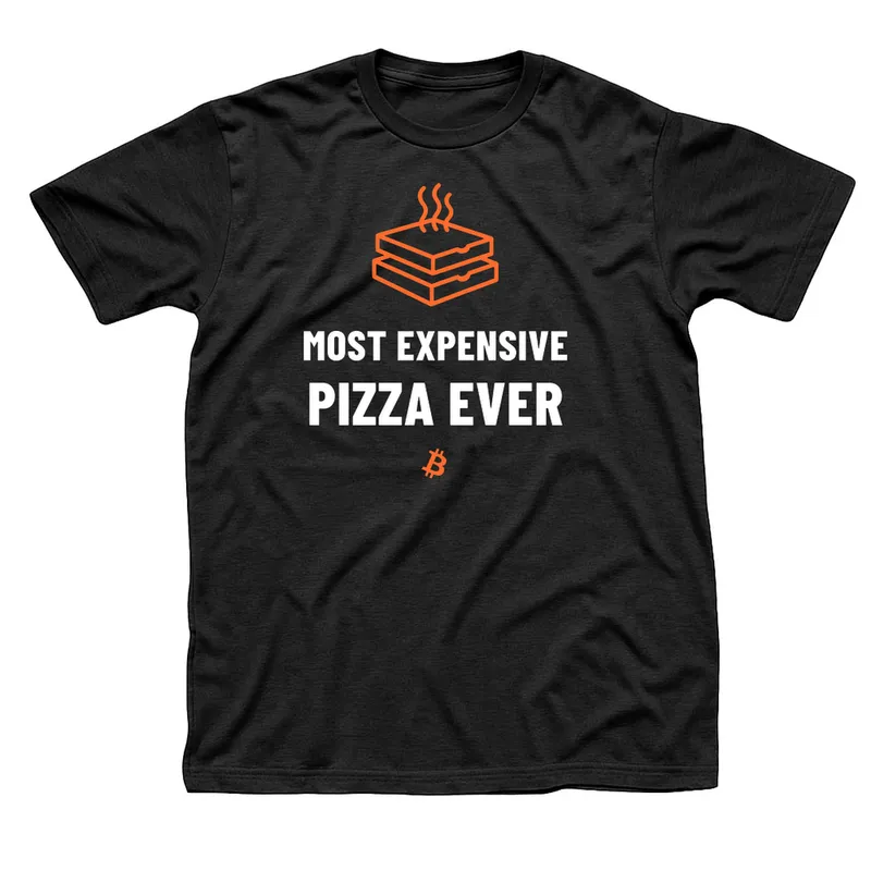 Black t-shirt with two stacked orange pizza boxes and steam above Most Expensive Pizza Ever in white and a Bitcoin symbol