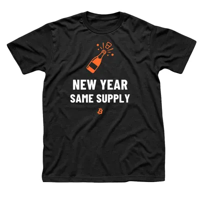 Black t-shirt with an orange champagne bottle popping its cork above New Year Same Supply in white and a Bitcoin symbol