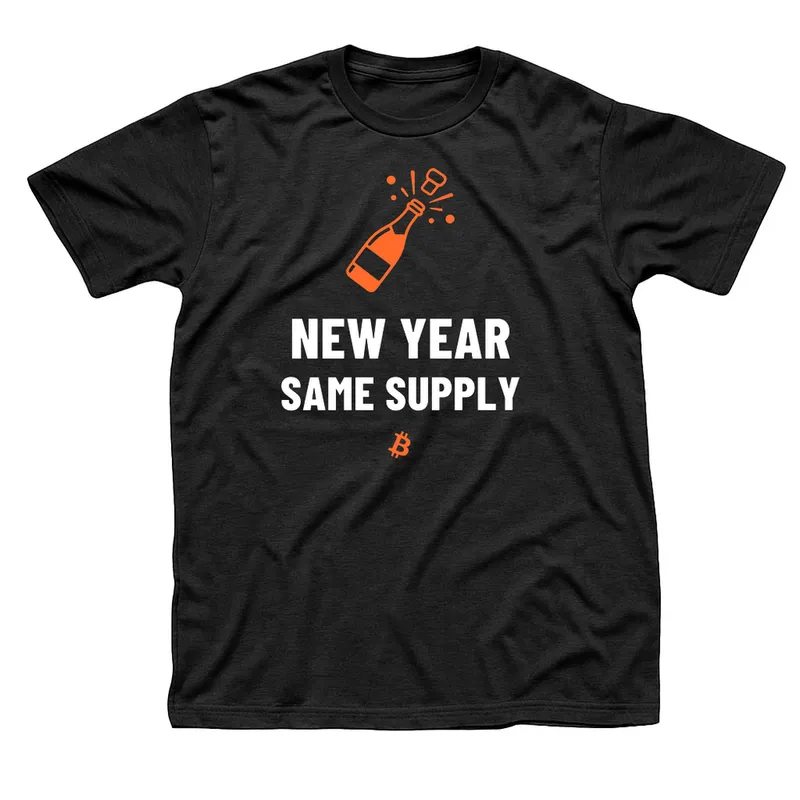 Black t-shirt with an orange champagne bottle popping its cork above New Year Same Supply in white and a Bitcoin symbol