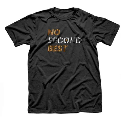 Black t-shirt with NO SECOND BEST stacked in orange and white hatched letters