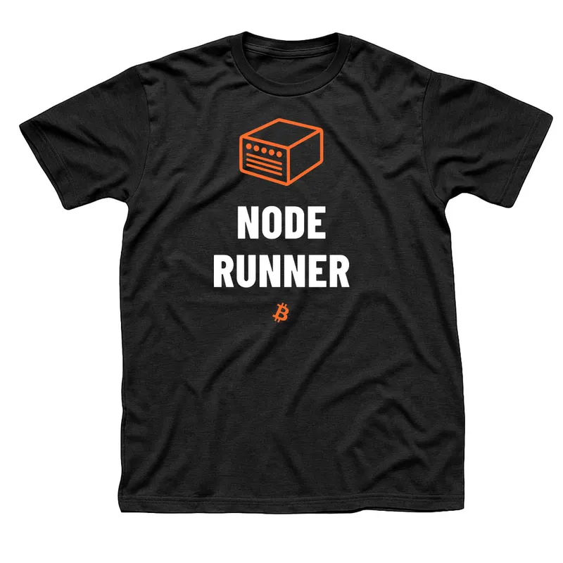 Black t-shirt with an orange server box with status lights above Node Runner in white letters