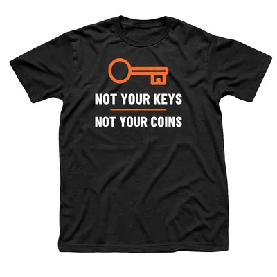 Black t-shirt with an orange skeleton key over Not Your Keys, Not Your Coins in white capitals