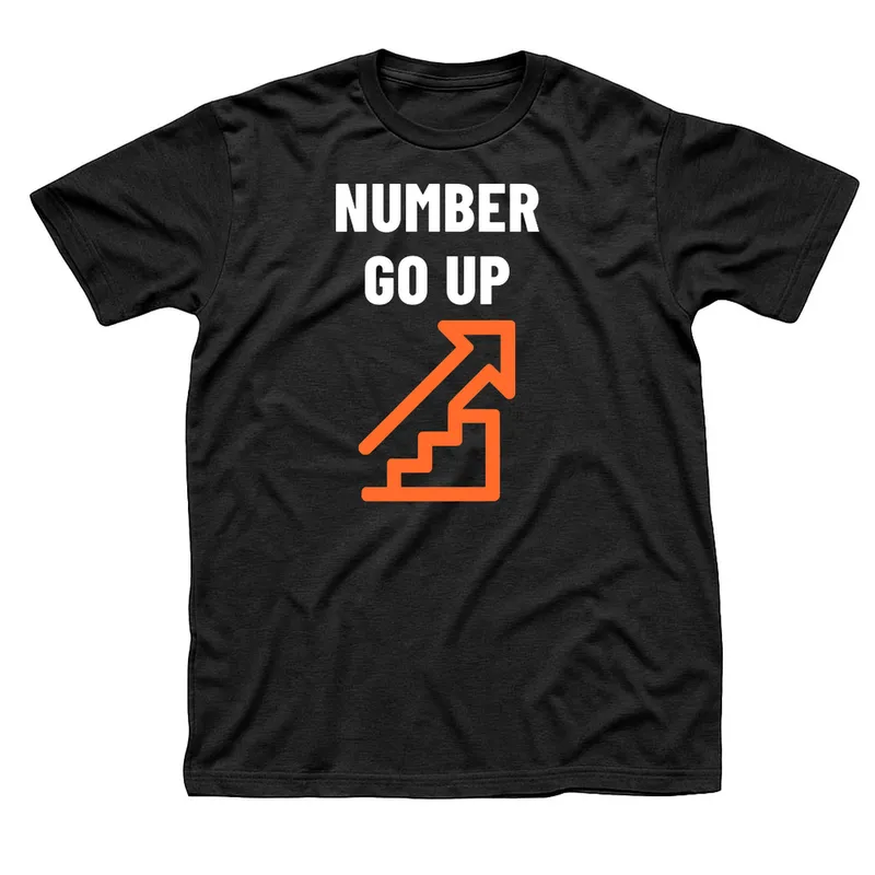 Black t-shirt with Number Go Up in white capitals above an orange stair-step arrow pointing up