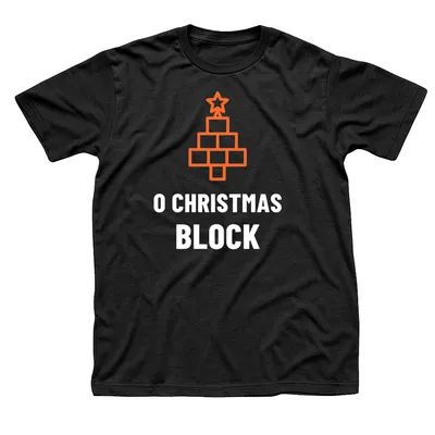 Black t-shirt with an orange Christmas tree made of stacked blocks above O Christmas Block in white