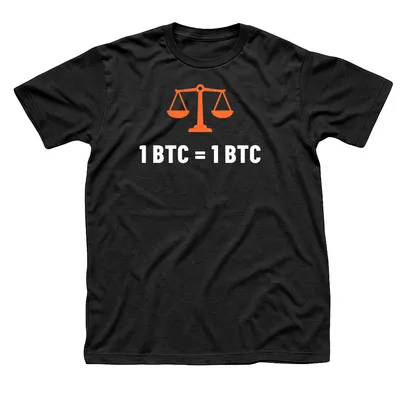 Black t-shirt with an orange balance scale above 1 BTC = 1 BTC in white type
