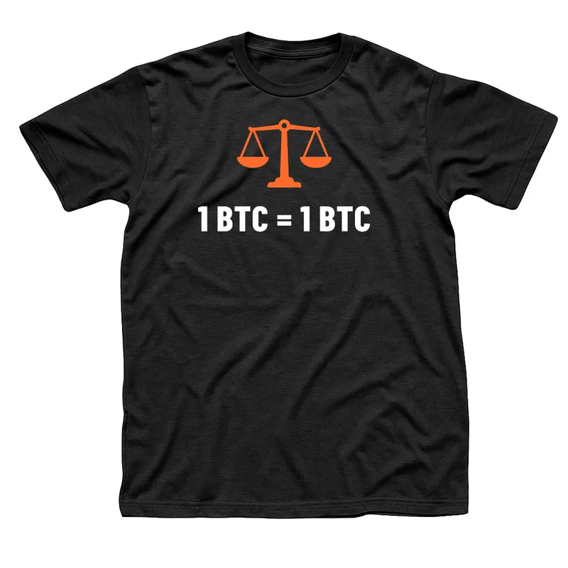Black t-shirt with an orange balance scale above 1 BTC = 1 BTC in white type