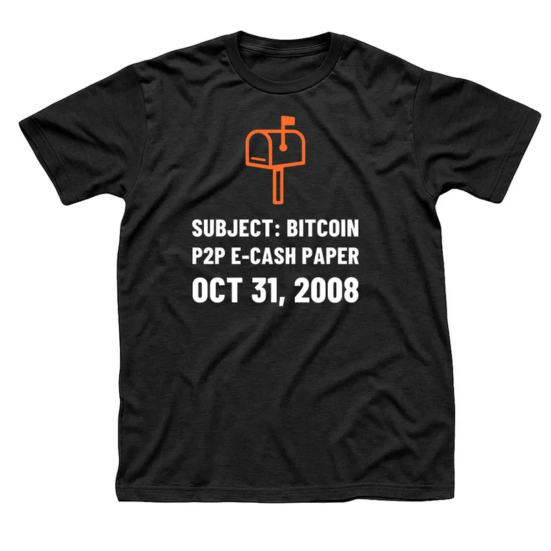 Black t-shirt with an orange curbside mailbox above Subject: Bitcoin P2P E-Cash Paper, Oct 31, 2008 in white capitals