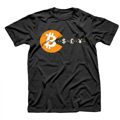 Black t-shirt with an orange Pac-Man Bitcoin coin chasing dollar, pound and yen signs