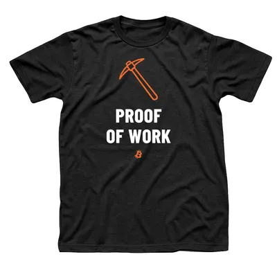 Black t-shirt with an orange pickaxe above Proof of Work in large white letters