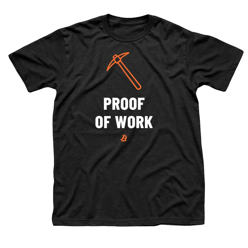 Black t-shirt with an orange pickaxe above Proof of Work in large white letters