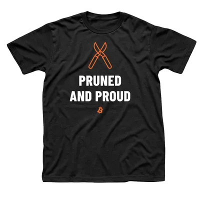 Black t-shirt with orange garden pruning shears above Pruned and Proud in white, with a small orange Bitcoin symbol below