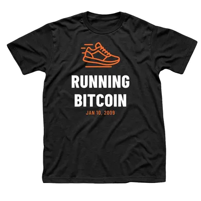 Black t-shirt with an orange running shoe above Running Bitcoin in white and Jan 10, 2009 in orange