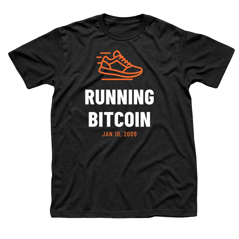 Black t-shirt with an orange running shoe above Running Bitcoin in white and Jan 10, 2009 in orange