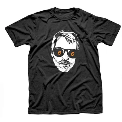 Black t-shirt with a white sketch portrait wearing sunglasses with orange Bitcoin symbols