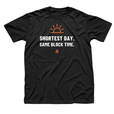 Black t-shirt with an orange half sun on a horizon above Shortest Day, Same Block Time in white capitals and a small orange Bitcoin symbol below
