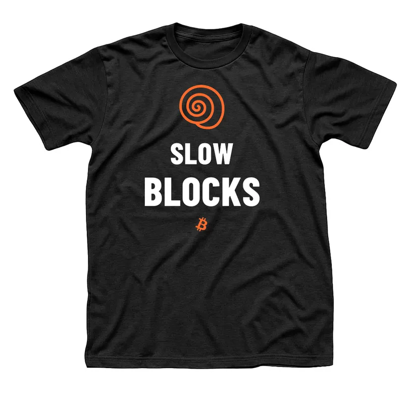 Black t-shirt with an orange snail shell above Slow Blocks in white capitals and a small orange Bitcoin symbol below