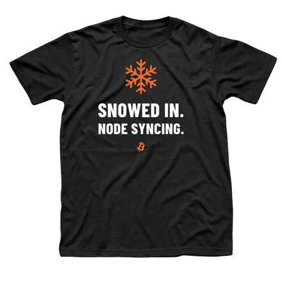Black t-shirt with an orange snowflake above Snowed In, Node Syncing in white capitals and a small orange Bitcoin symbol below