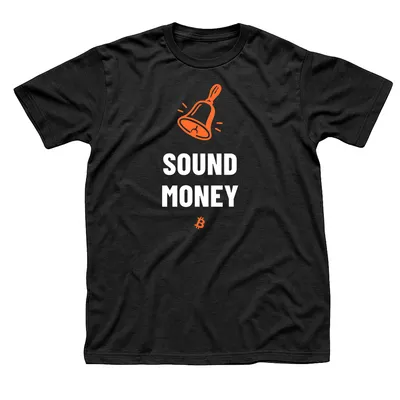 Black t-shirt with an orange ringing hand bell over Sound Money in white and a small orange Bitcoin symbol