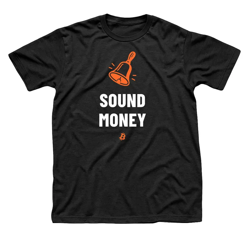 Black t-shirt with an orange ringing hand bell over Sound Money in white and a small orange Bitcoin symbol