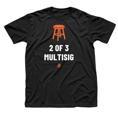 Black t-shirt with an orange three-legged stool above 2 of 3 Multisig in white capitals and a small orange Bitcoin symbol below