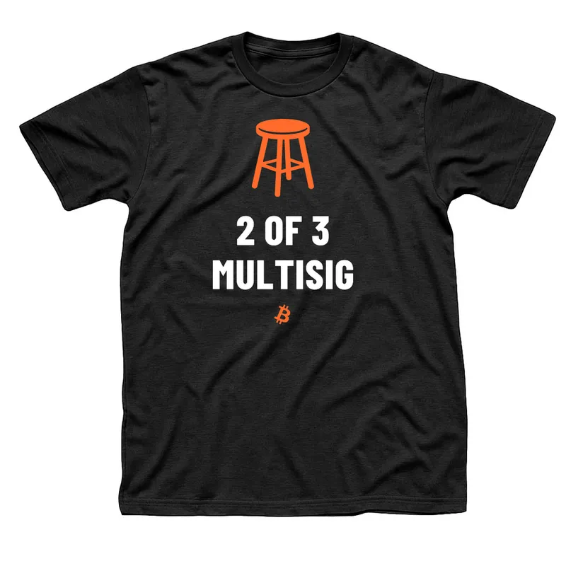 Black t-shirt with an orange three-legged stool above 2 of 3 Multisig in white capitals and a small orange Bitcoin symbol below