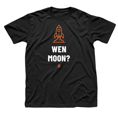 Black t-shirt with an orange rocket on a launch pad above Wen Moon? in white and a small Bitcoin symbol