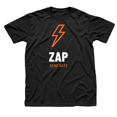 Black t-shirt with an orange lightning bolt above Zap in big white letters and Send Sats in orange