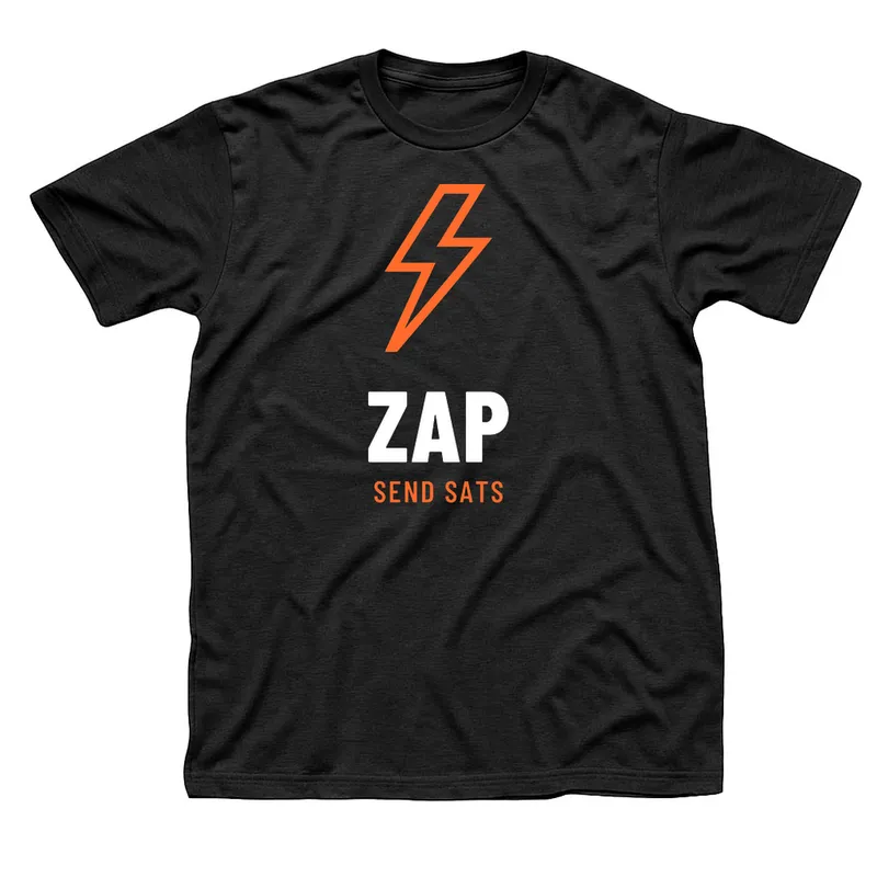 Black t-shirt with an orange lightning bolt above Zap in big white letters and Send Sats in orange